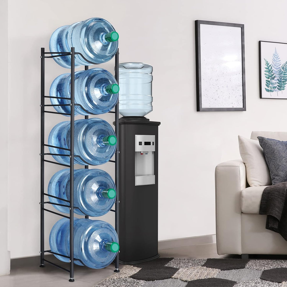 5 Gallon Water Jug Holder, 5 Tier Water Cooler Jug Rack, Black