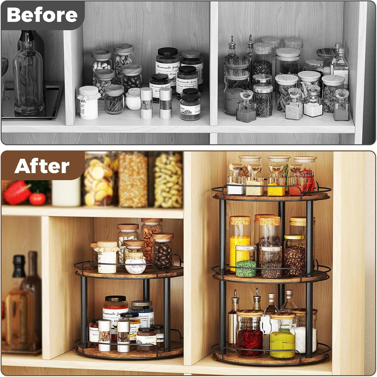LAMU 10'' Wood Lazy Susan Turntable Organizer for Cabinet, 2 Tier Lazy Susan Spice Rack Organizer for Kitchen, Table Top, Countertop, Pantry, Medicine Organizer