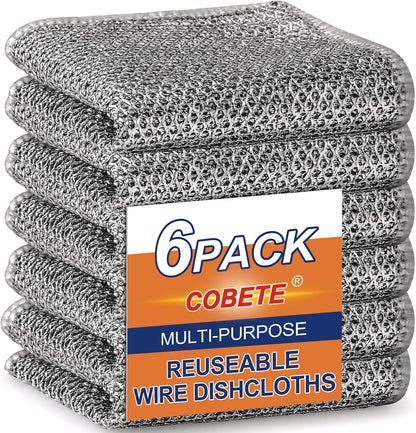 Non Scratch Wire Dishcloth,Double-Layer Wire Dishwashing Rags for Wet and Dry,Wire Miracle Cleaning Towels and Dish Cloths Multipurpose for Washing Dishes,Cookware, Sinks,Stove Tops,Pack of 6
