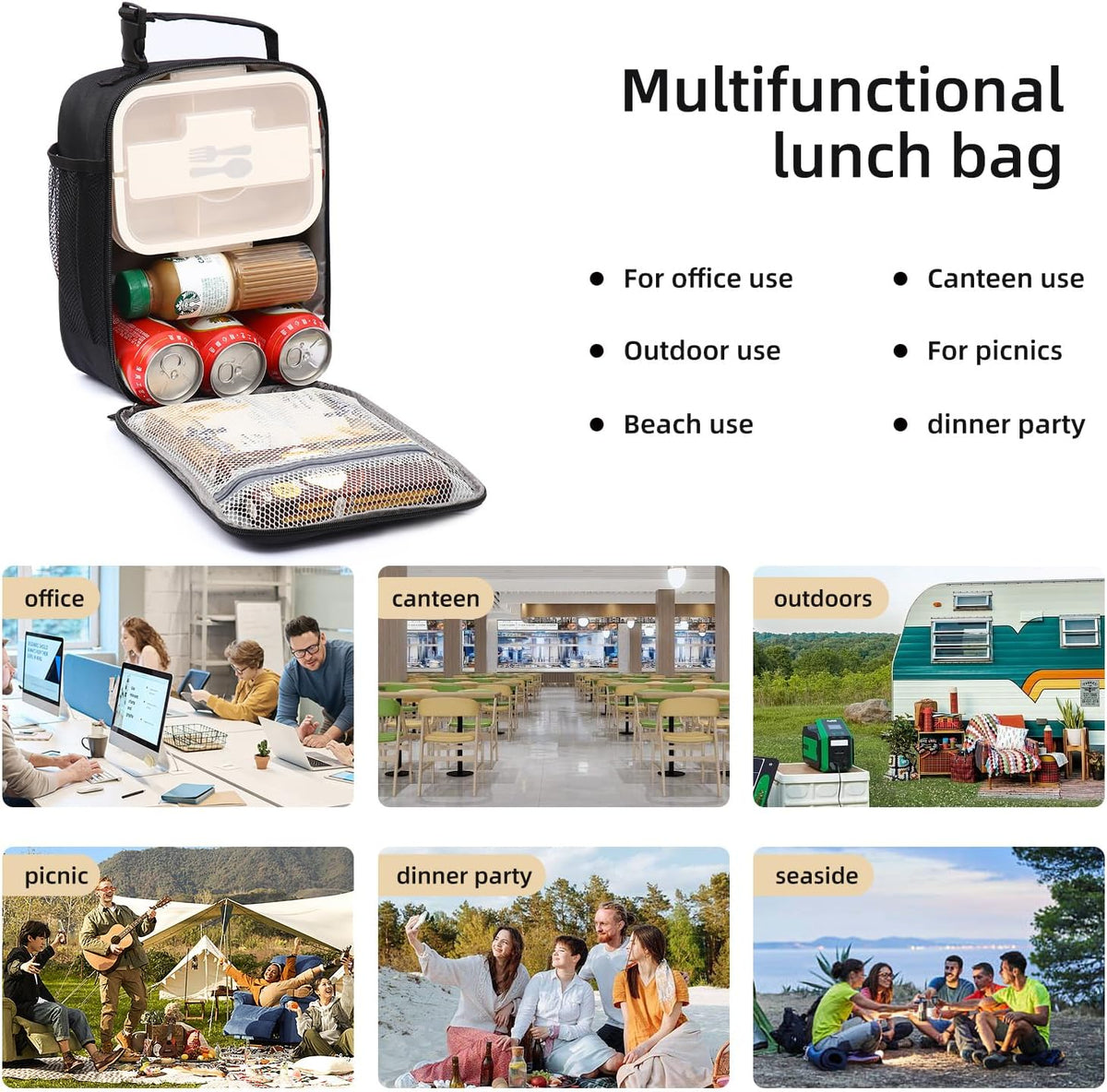 Lunch box Lunch bag for men women Insulated Lunchbox Lunch bags for Work Picnic Travel (Black)