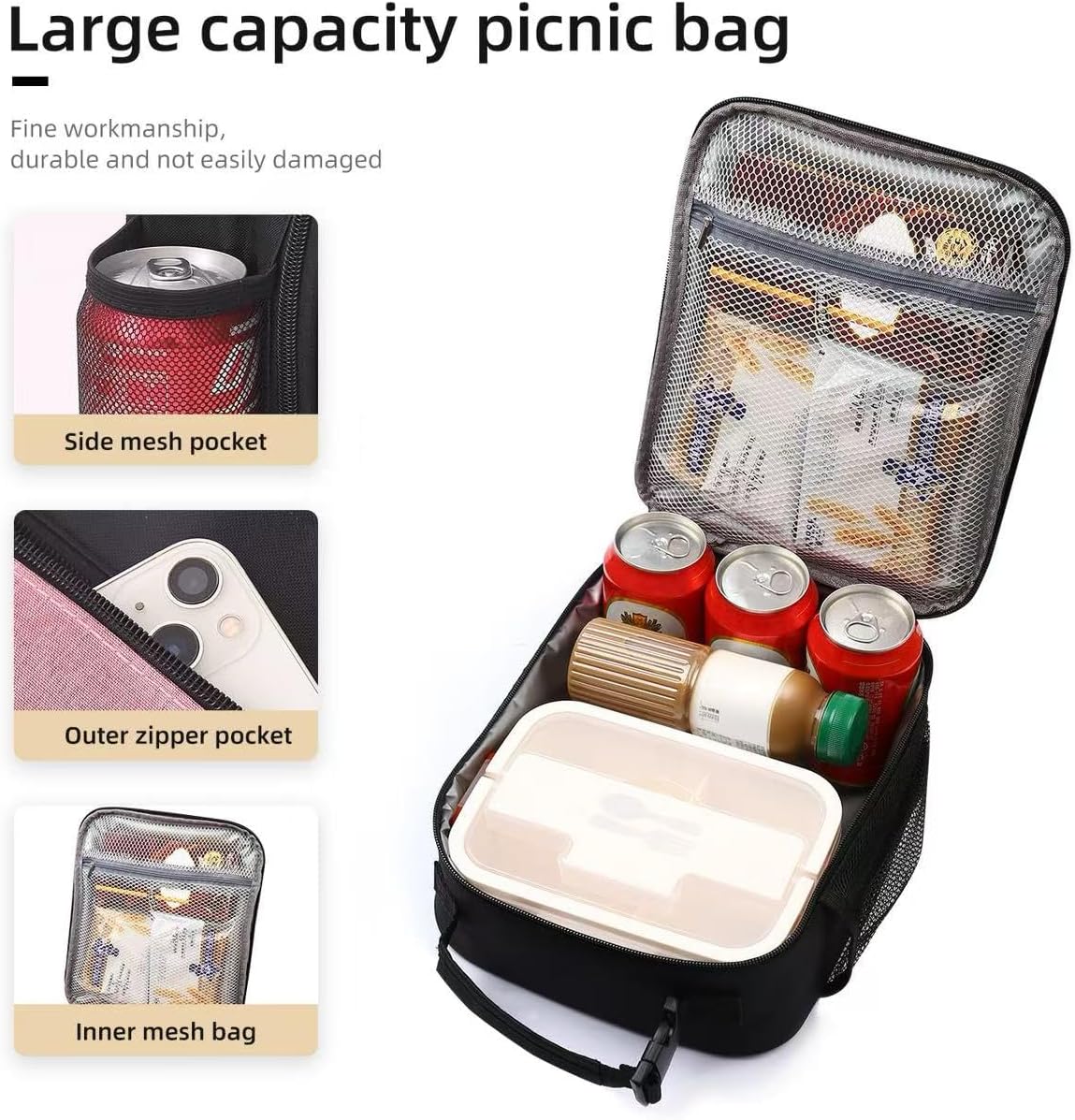 Lunch box Lunch bag for men women Insulated Lunchbox Lunch bags for Work Picnic Travel (Black)