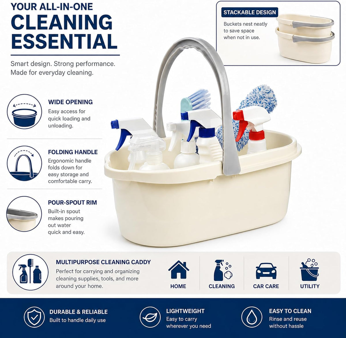 Compact Mop Bucket with Handle, Rectangular Cleaning Bucket and Caddy for Cleaning Supplies, 10L, Grey