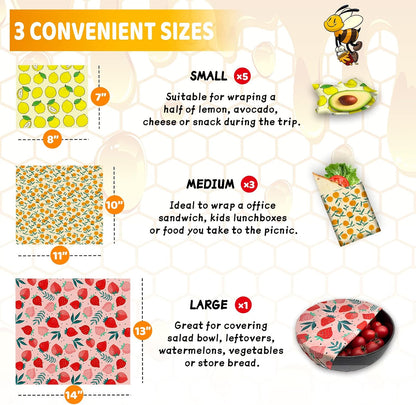 Reusable Beeswax Wrap - 9 Pack Eco-Friendly Beeswax Wraps For Food, Organic, Sustainable, Biodegradable, Zero Waste, Plastic-Free Food Storage, 1L Strawberry, 3M Orange, 5S Lemon Patterns