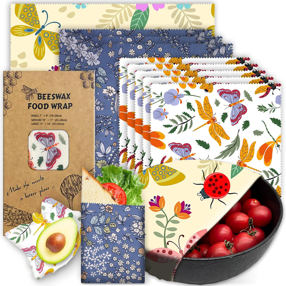 Reusable Beeswax Wrap - 9 Pack Eco-Friendly Beeswax Wraps For Food, Organic, Sustainable, Biodegradable, Zero Waste, Plastic-Free Food Storage, 1L Strawberry, 3M Orange, 5S Lemon Patterns