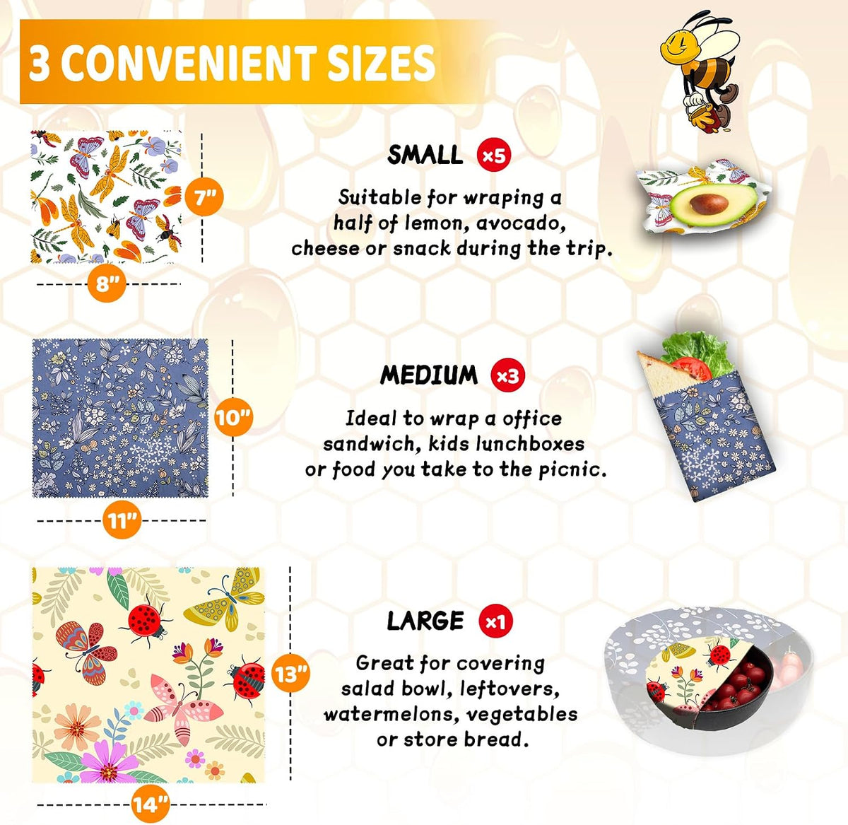 Reusable Beeswax Wrap - 9 Pack Eco-Friendly Beeswax Wraps For Food, Organic, Sustainable, Biodegradable, Zero Waste, Plastic-Free Food Storage, 1L Strawberry, 3M Orange, 5S Lemon Patterns
