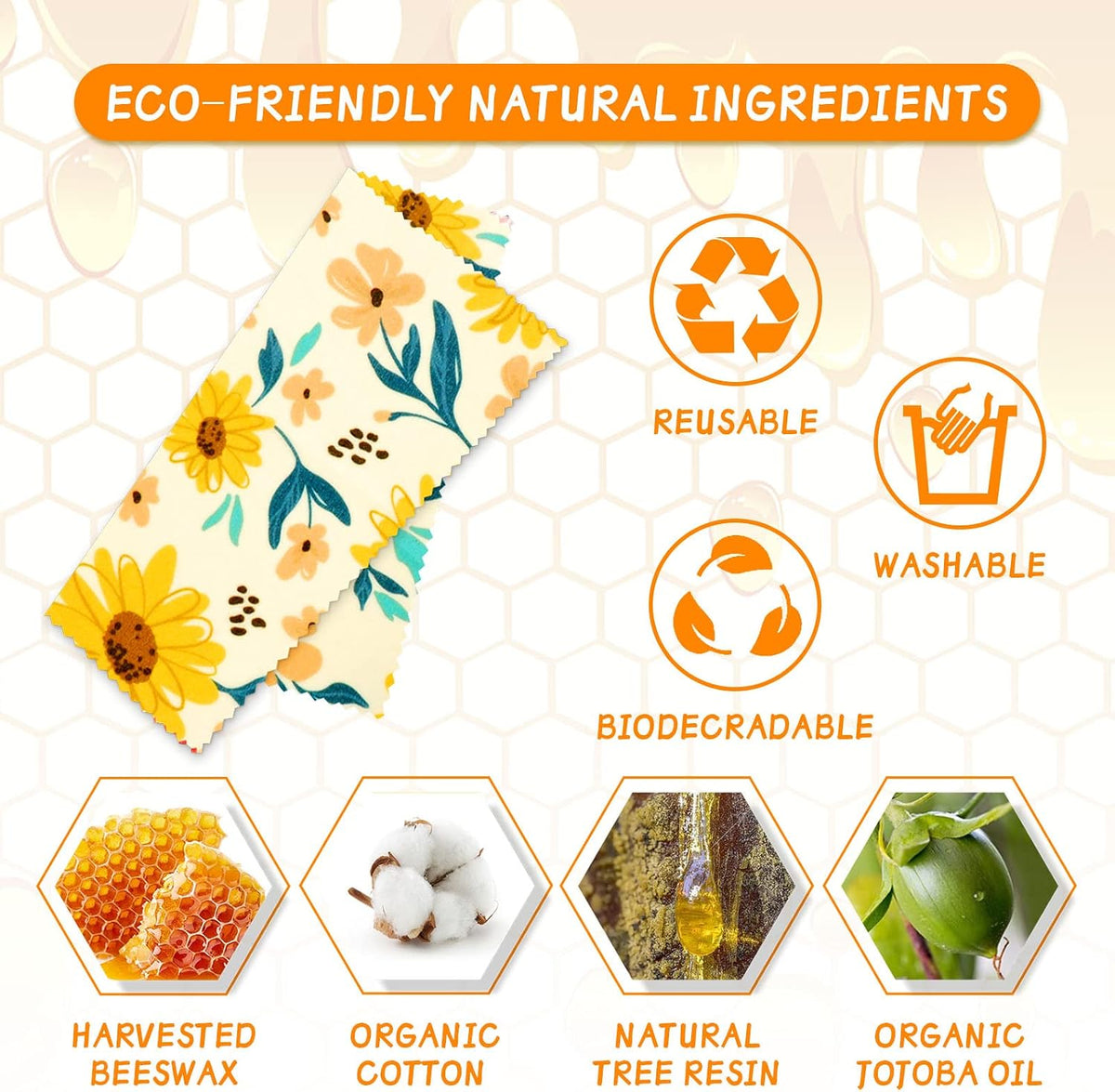 Reusable Beeswax Wrap - 9 Pack Eco-Friendly Beeswax Wraps For Food, Organic, Sustainable, Biodegradable, Zero Waste, Plastic-Free Food Storage, 1L Strawberry, 3M Orange, 5S Lemon Patterns