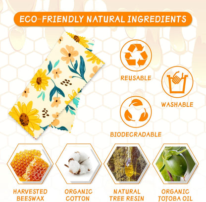 Reusable Beeswax Wrap - 9 Pack Eco-Friendly Beeswax Wraps For Food, Organic, Sustainable, Biodegradable, Zero Waste, Plastic-Free Food Storage, 1L Strawberry, 3M Orange, 5S Lemon Patterns
