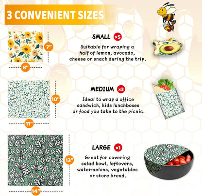 Reusable Beeswax Wrap - 9 Pack Eco-Friendly Beeswax Wraps For Food, Organic, Sustainable, Biodegradable, Zero Waste, Plastic-Free Food Storage, 1L Strawberry, 3M Orange, 5S Lemon Patterns