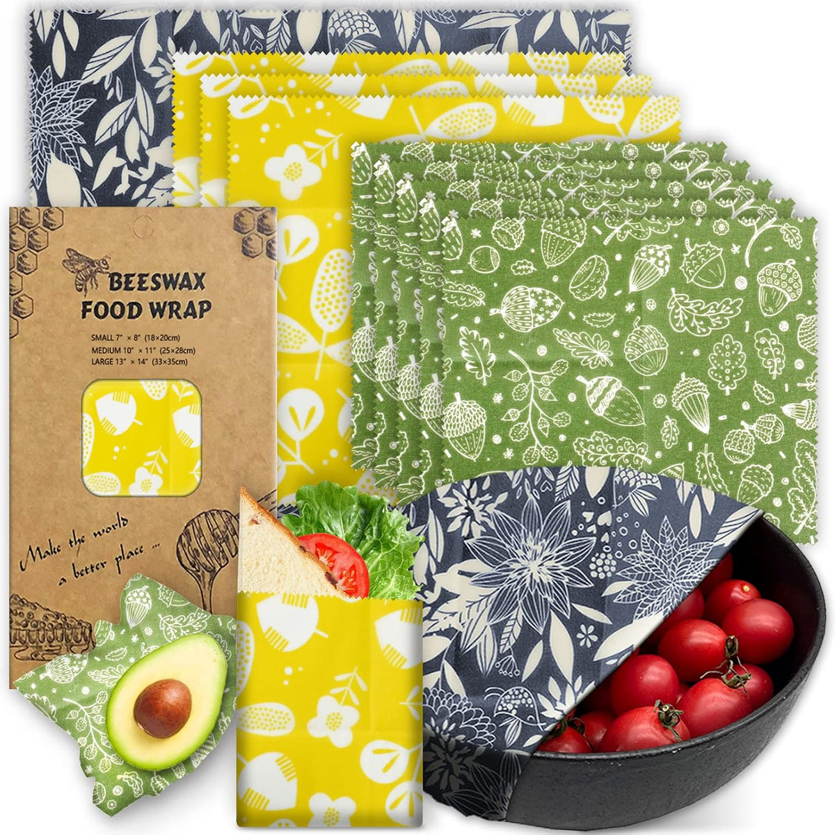 Reusable Beeswax Wrap - 9 Pack Eco-Friendly Beeswax Wraps For Food, Organic, Sustainable, Biodegradable, Zero Waste, Plastic-Free Food Storage, 1L Strawberry, 3M Orange, 5S Lemon Patterns