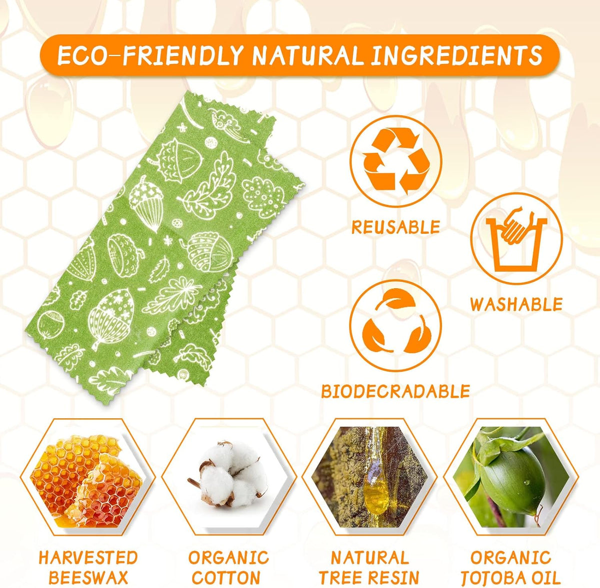 Reusable Beeswax Wrap - 9 Pack Eco-Friendly Beeswax Wraps For Food, Organic, Sustainable, Biodegradable, Zero Waste, Plastic-Free Food Storage, 1L Strawberry, 3M Orange, 5S Lemon Patterns