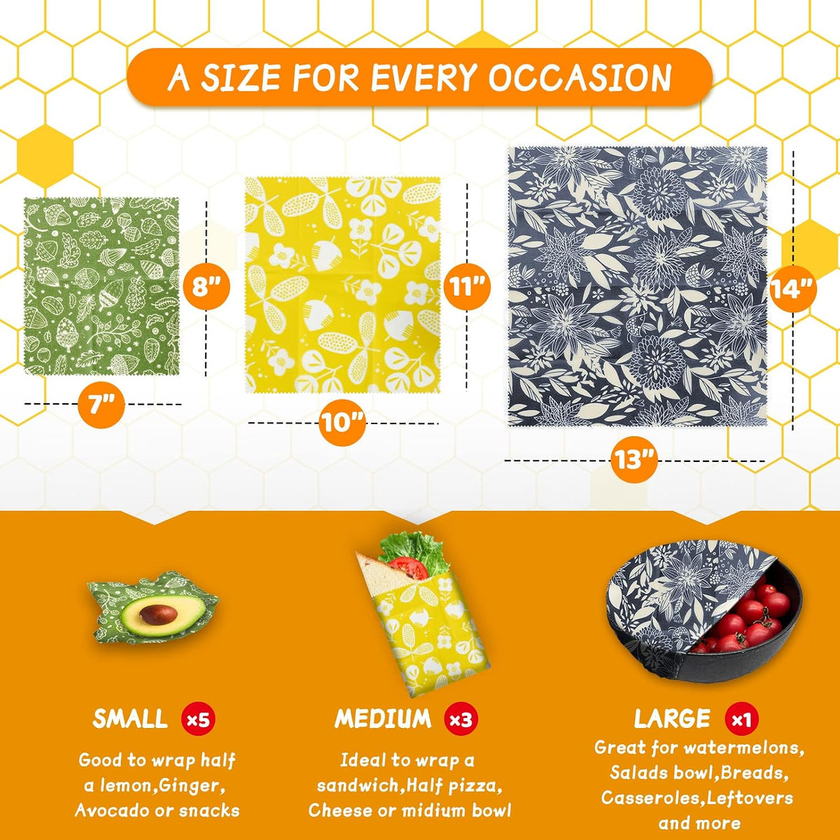Reusable Beeswax Wrap - 9 Pack Eco-Friendly Beeswax Wraps For Food, Organic, Sustainable, Biodegradable, Zero Waste, Plastic-Free Food Storage, 1L Strawberry, 3M Orange, 5S Lemon Patterns