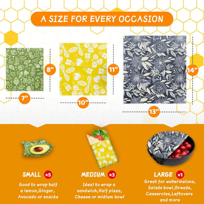 Reusable Beeswax Wrap - 9 Pack Eco-Friendly Beeswax Wraps For Food, Organic, Sustainable, Biodegradable, Zero Waste, Plastic-Free Food Storage, 1L Strawberry, 3M Orange, 5S Lemon Patterns