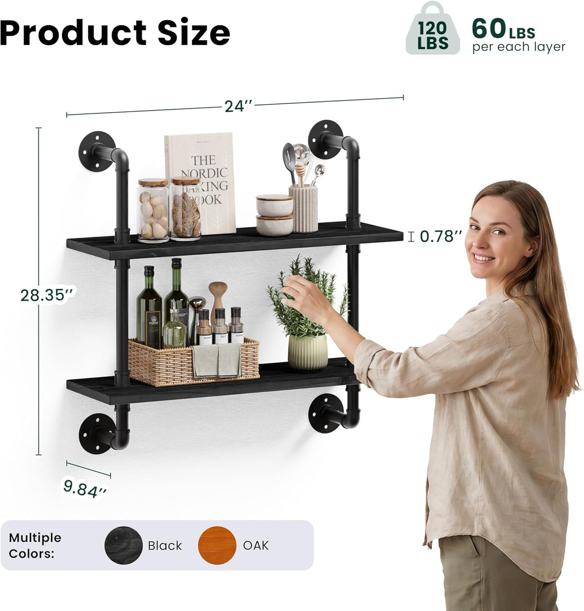 HDDFER Industrial Pipe Floating Shelves, 48 Inch Rustic Wood Wall Shelf