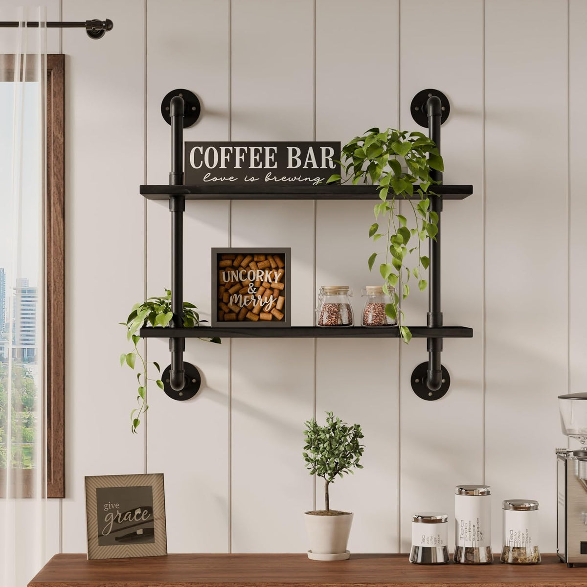 HDDFER Industrial Pipe Floating Shelves, 48 Inch Rustic Wood Wall Shelf