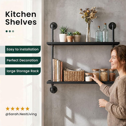 HDDFER Industrial Pipe Floating Shelves, 48 Inch Rustic Wood Wall Shelf