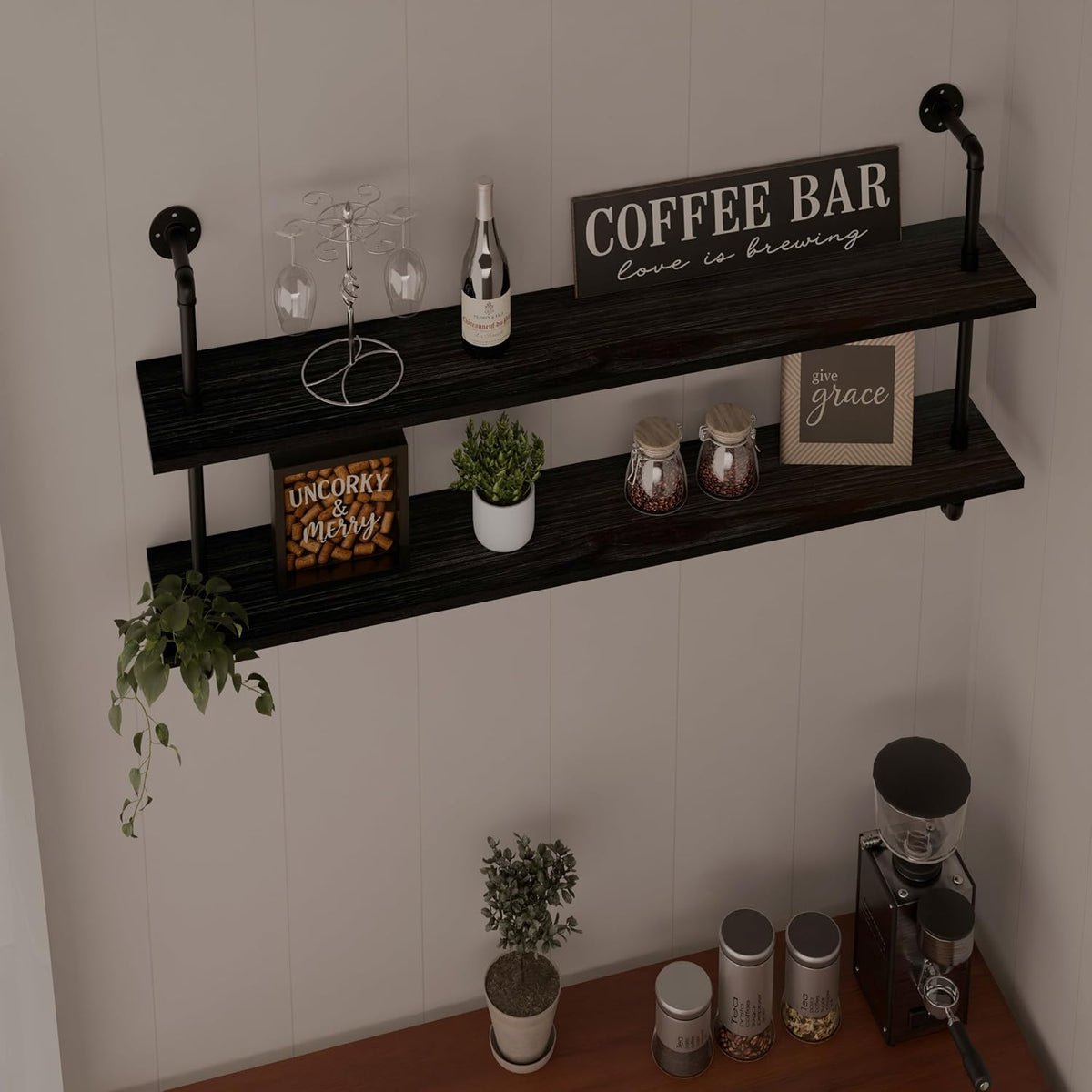 HDDFER Industrial Pipe Floating Shelves, 48 Inch Rustic Wood Wall Shelf