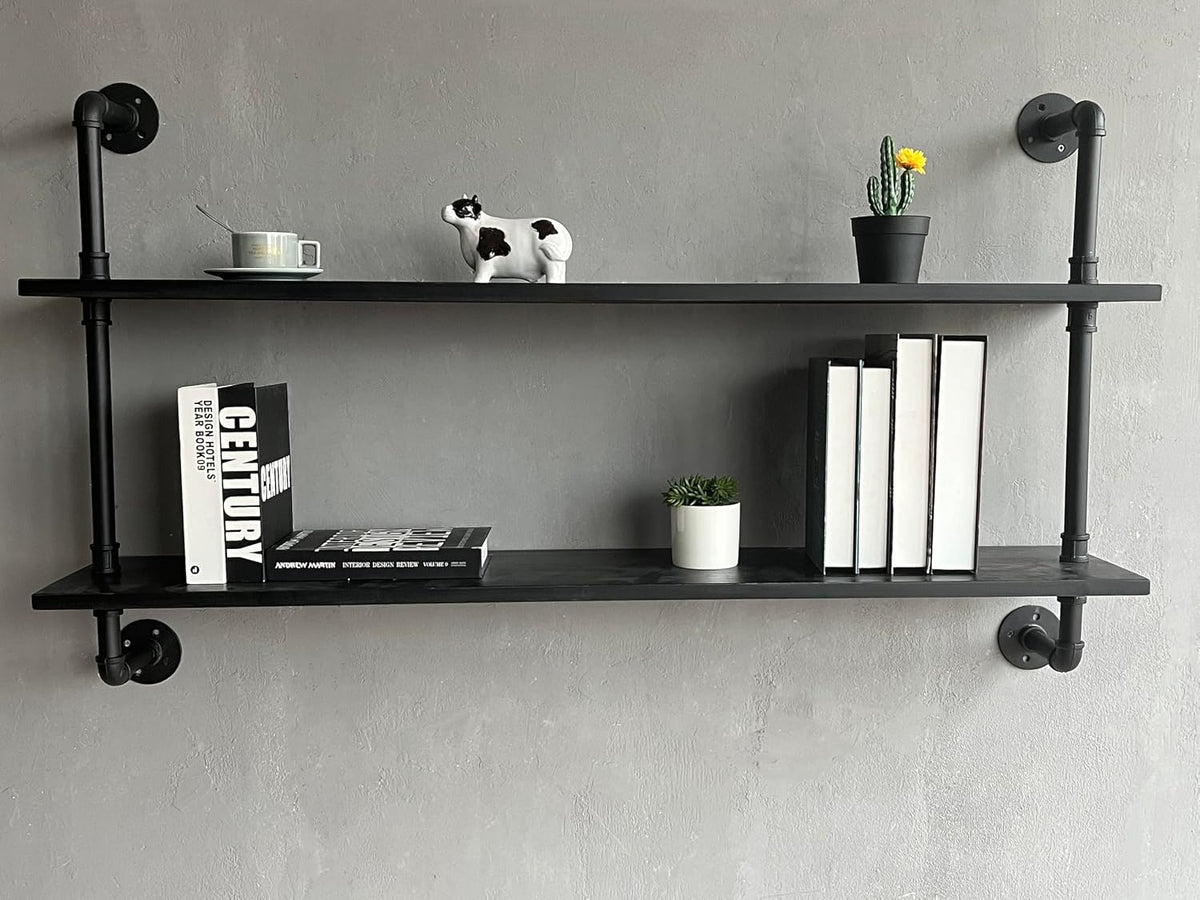 HDDFER Industrial Pipe Floating Shelves, 48 Inch Rustic Wood Wall Shelf