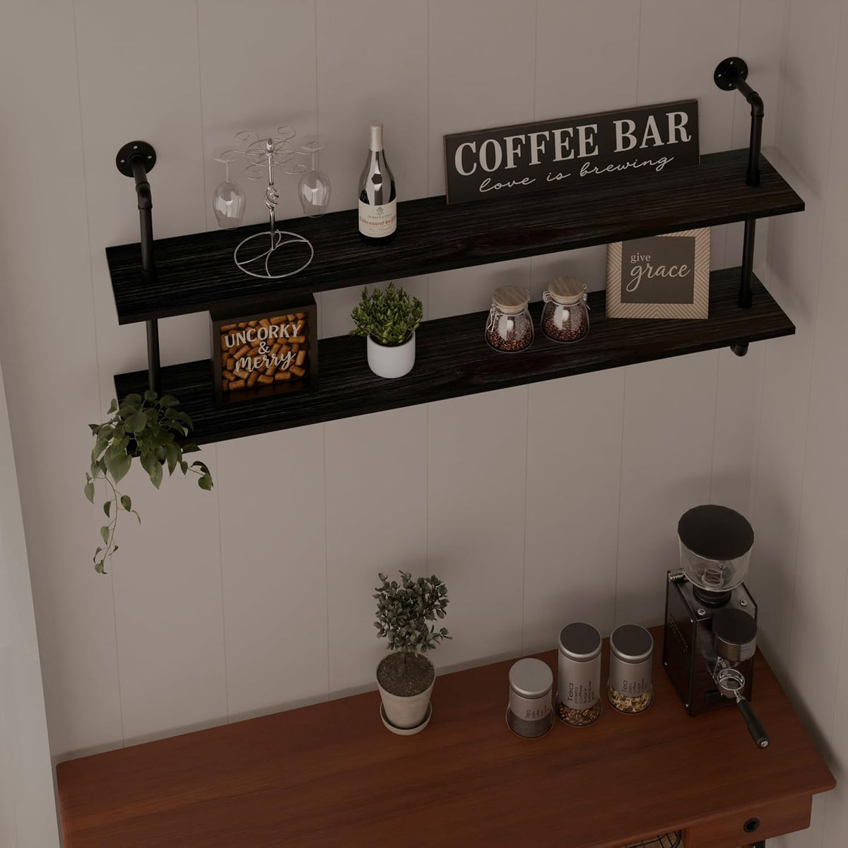 HDDFER Industrial Pipe Floating Shelves, 48 Inch Rustic Wood Wall Shelf