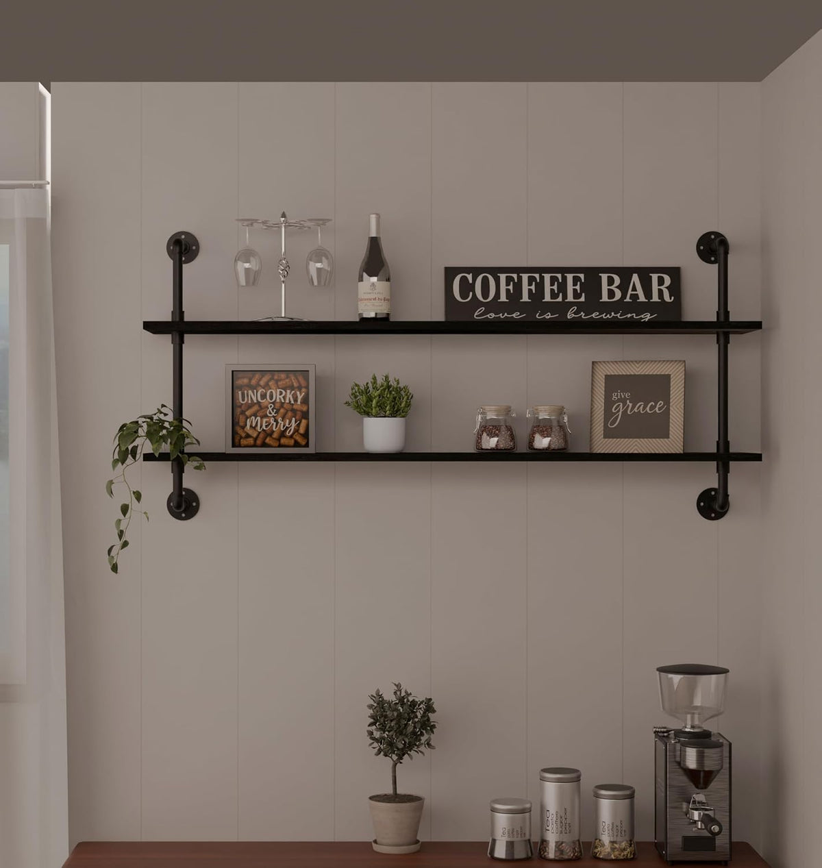HDDFER Industrial Pipe Floating Shelves, 48 Inch Rustic Wood Wall Shelf