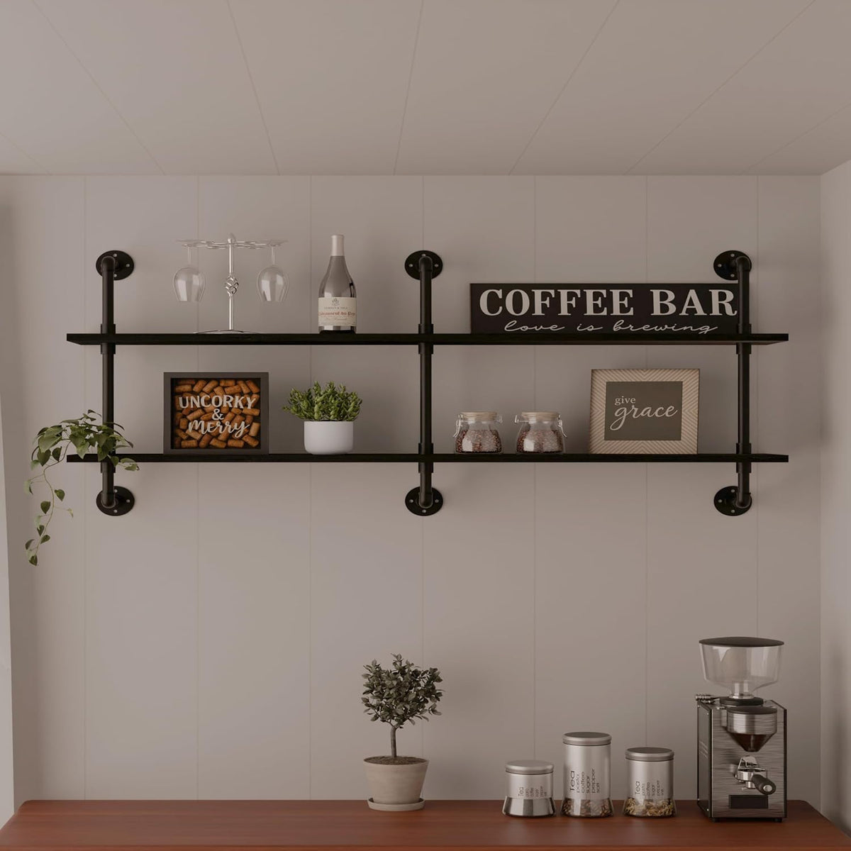 HDDFER Industrial Pipe Floating Shelves, 48 Inch Rustic Wood Wall Shelf