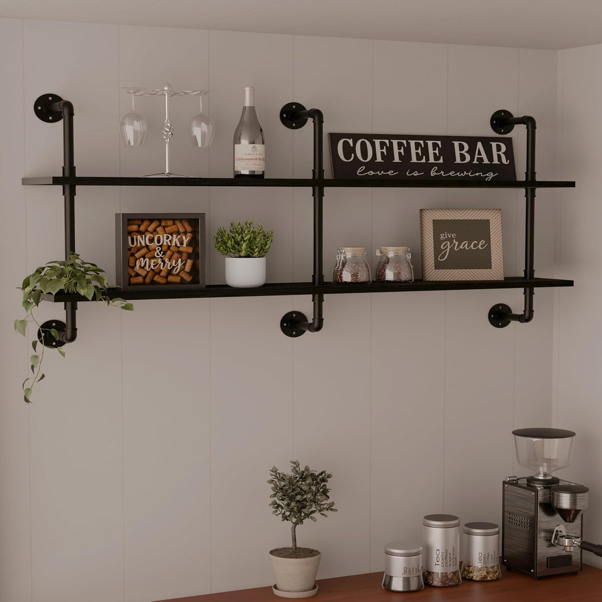 HDDFER Industrial Pipe Floating Shelves, 48 Inch Rustic Wood Wall Shelf