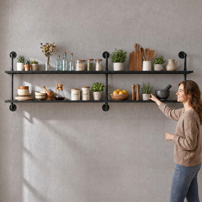 HDDFER Industrial Pipe Floating Shelves, 48 Inch Rustic Wood Wall Shelf