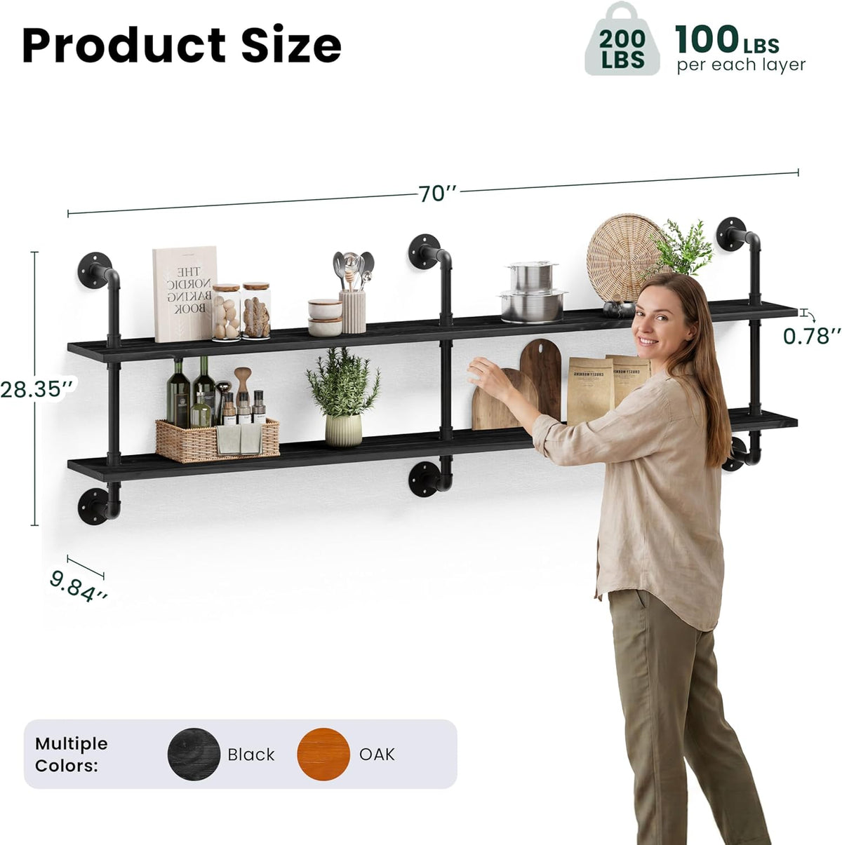 HDDFER Industrial Pipe Floating Shelves, 48 Inch Rustic Wood Wall Shelf