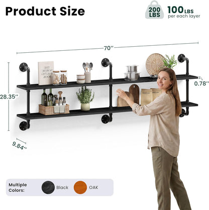 HDDFER Industrial Pipe Floating Shelves, 48 Inch Rustic Wood Wall Shelf