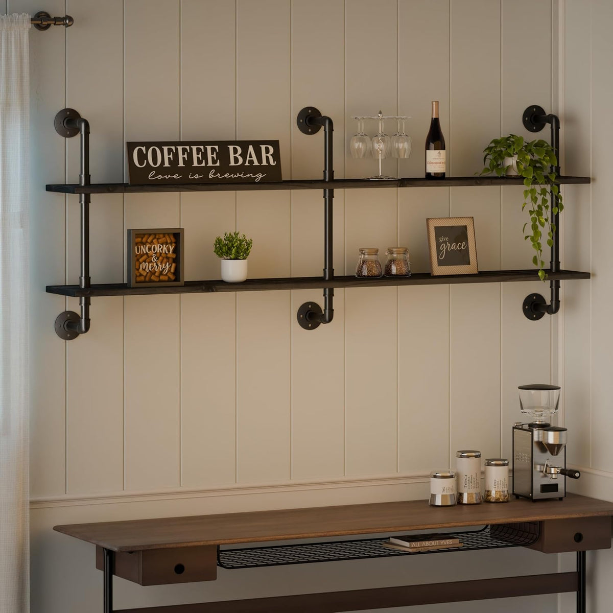 HDDFER Industrial Pipe Floating Shelves, 48 Inch Rustic Wood Wall Shelf