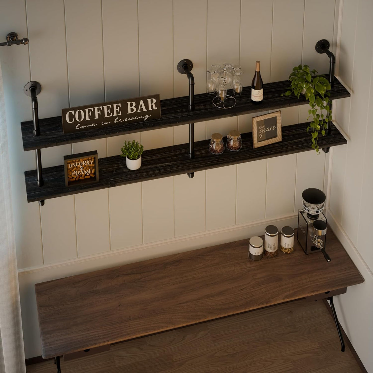 HDDFER Industrial Pipe Floating Shelves, 48 Inch Rustic Wood Wall Shelf