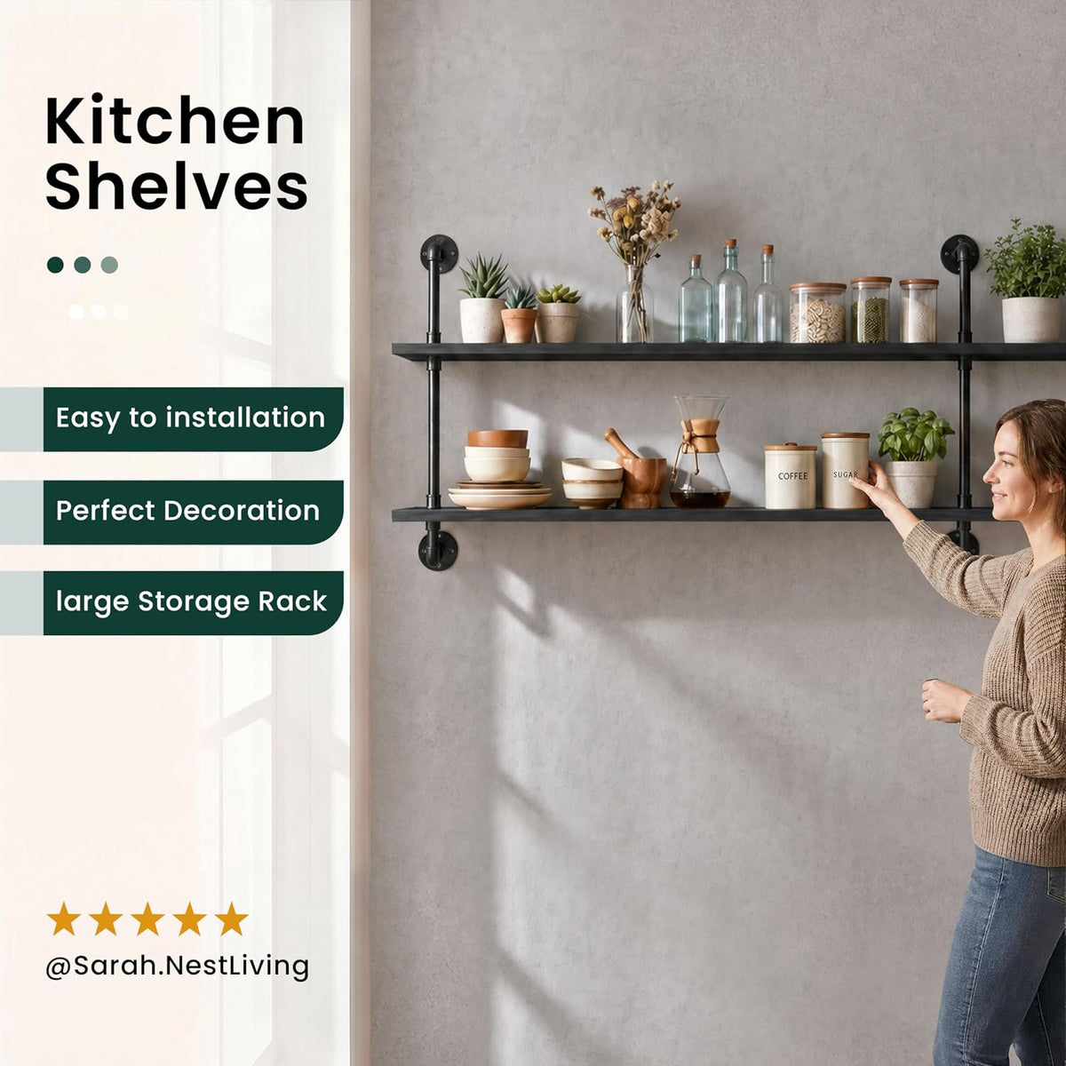HDDFER Industrial Pipe Floating Shelves, 48 Inch Rustic Wood Wall Shelf