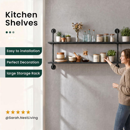 HDDFER Industrial Pipe Floating Shelves, 48 Inch Rustic Wood Wall Shelf