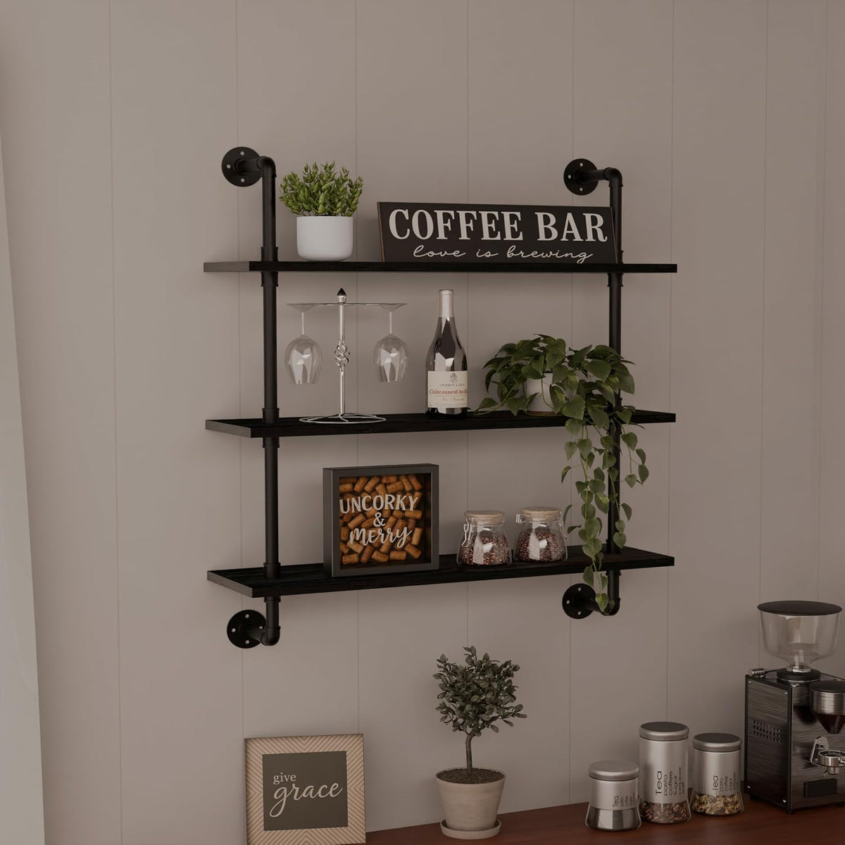 HDDFER Industrial Pipe Floating Shelves, 48 Inch Rustic Wood Wall Shelf