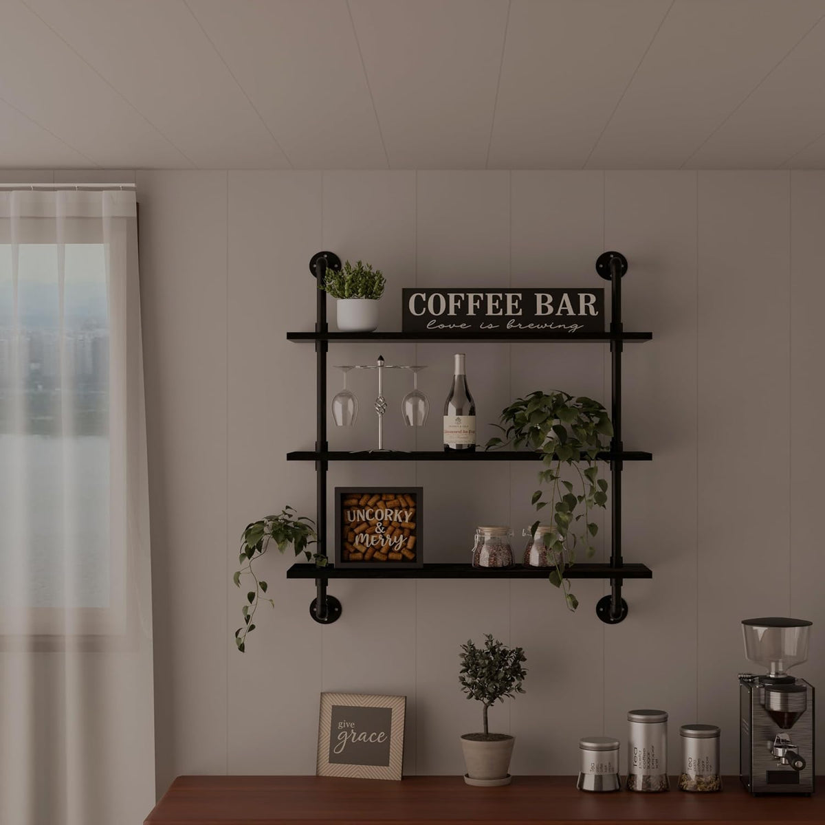 HDDFER Industrial Pipe Floating Shelves, 48 Inch Rustic Wood Wall Shelf