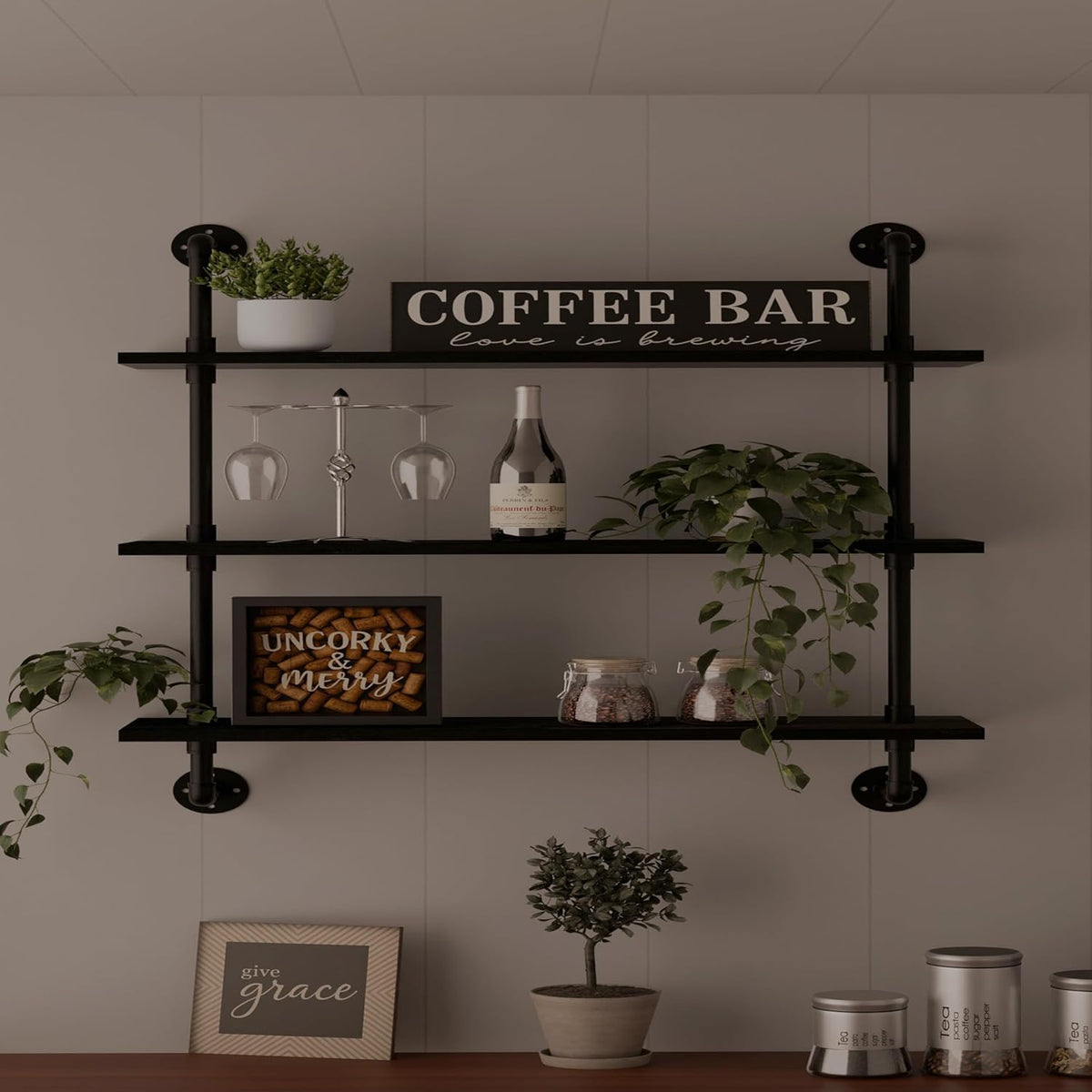 HDDFER Industrial Pipe Floating Shelves, 48 Inch Rustic Wood Wall Shelf