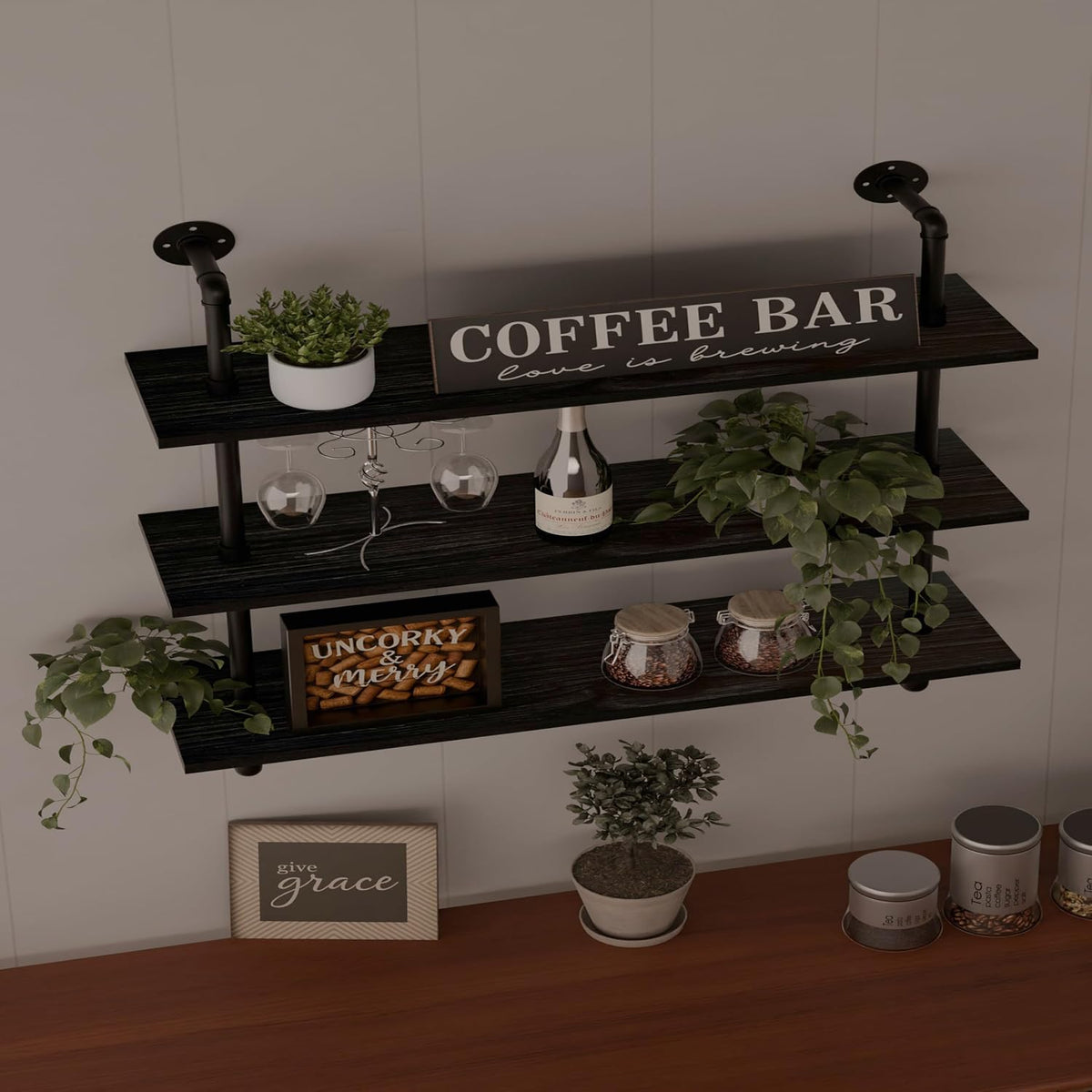 HDDFER Industrial Pipe Floating Shelves, 48 Inch Rustic Wood Wall Shelf
