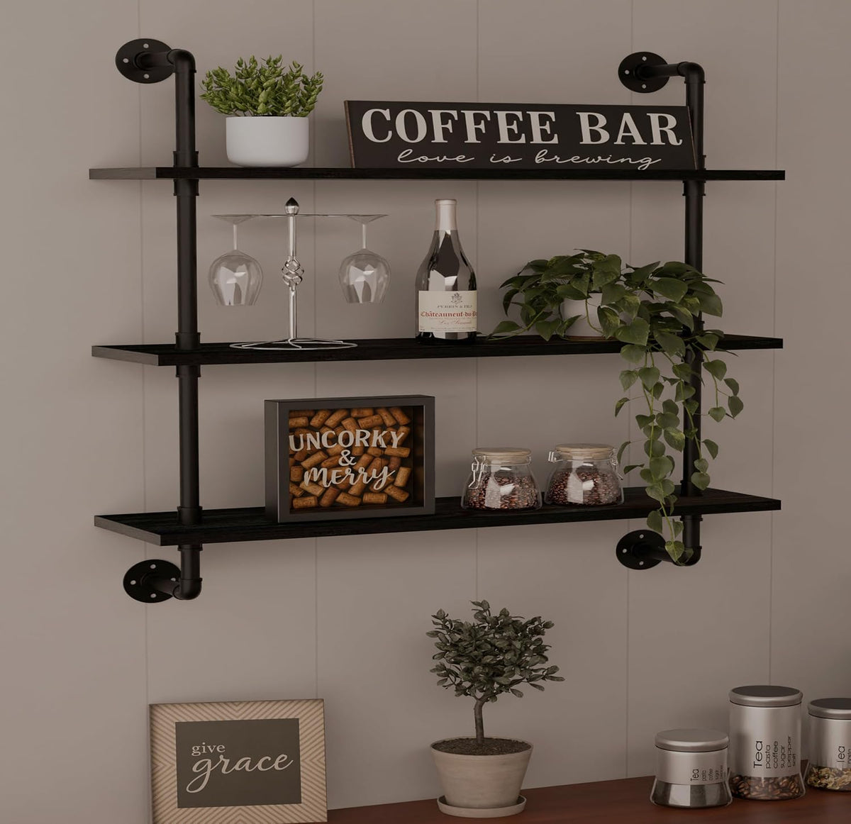 HDDFER Industrial Pipe Floating Shelves, 48 Inch Rustic Wood Wall Shelf