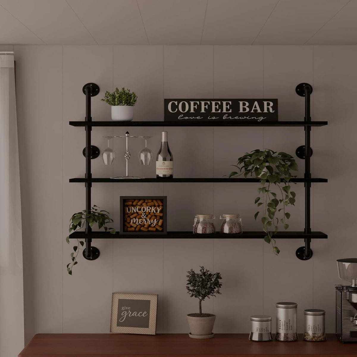 HDDFER Industrial Pipe Floating Shelves, 48 Inch Rustic Wood Wall Shelf