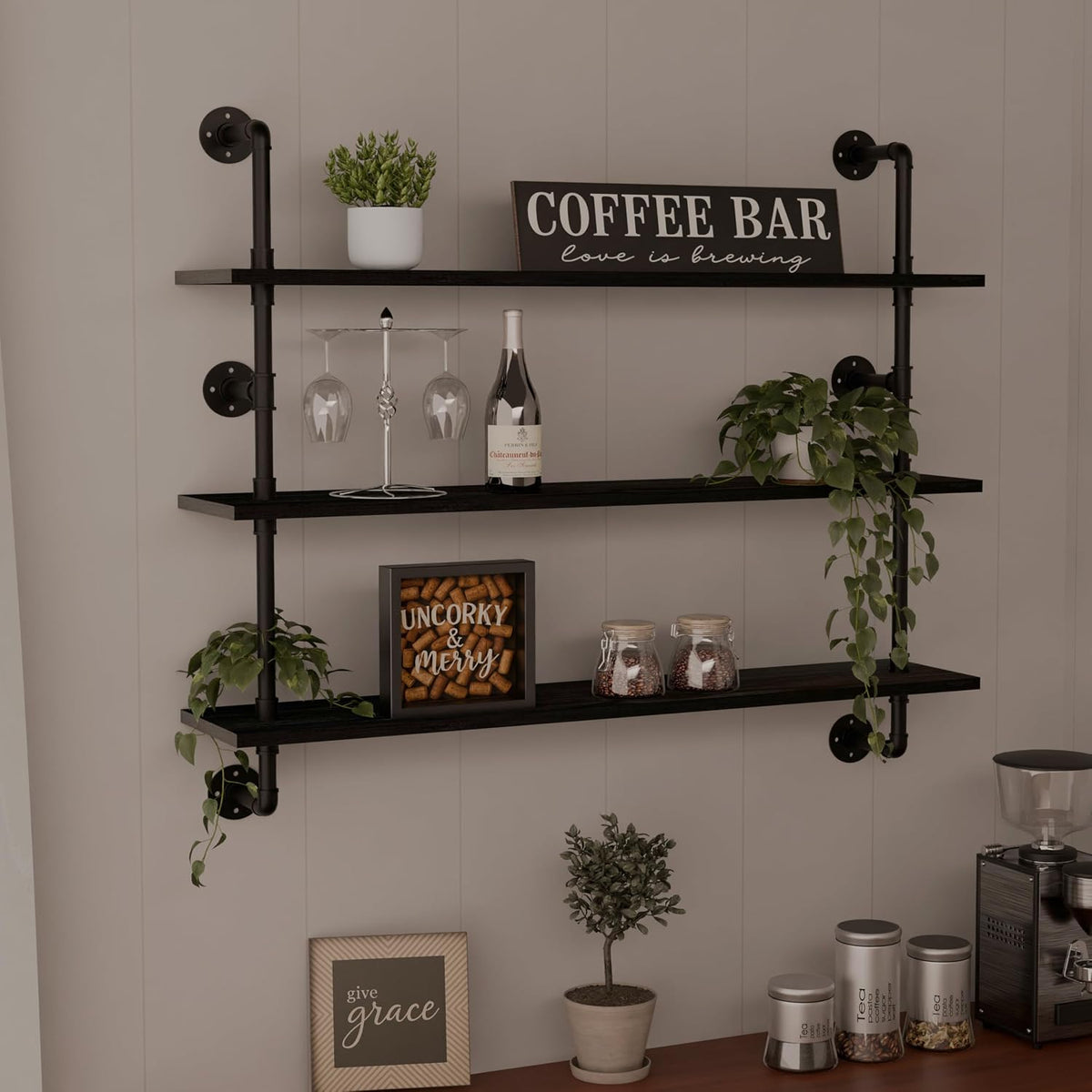 HDDFER Industrial Pipe Floating Shelves, 48 Inch Rustic Wood Wall Shelf