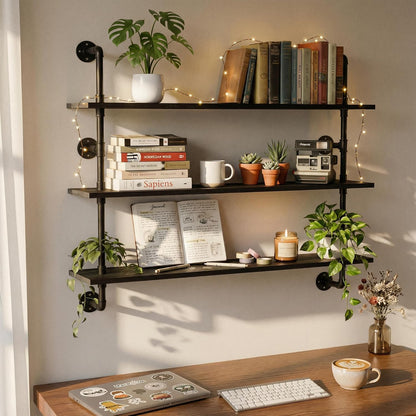HDDFER Industrial Pipe Floating Shelves, 48 Inch Rustic Wood Wall Shelf