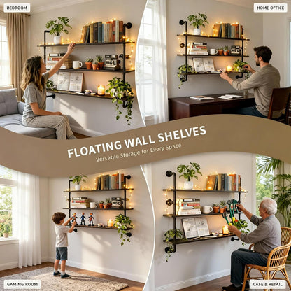 HDDFER Industrial Pipe Floating Shelves, 48 Inch Rustic Wood Wall Shelf