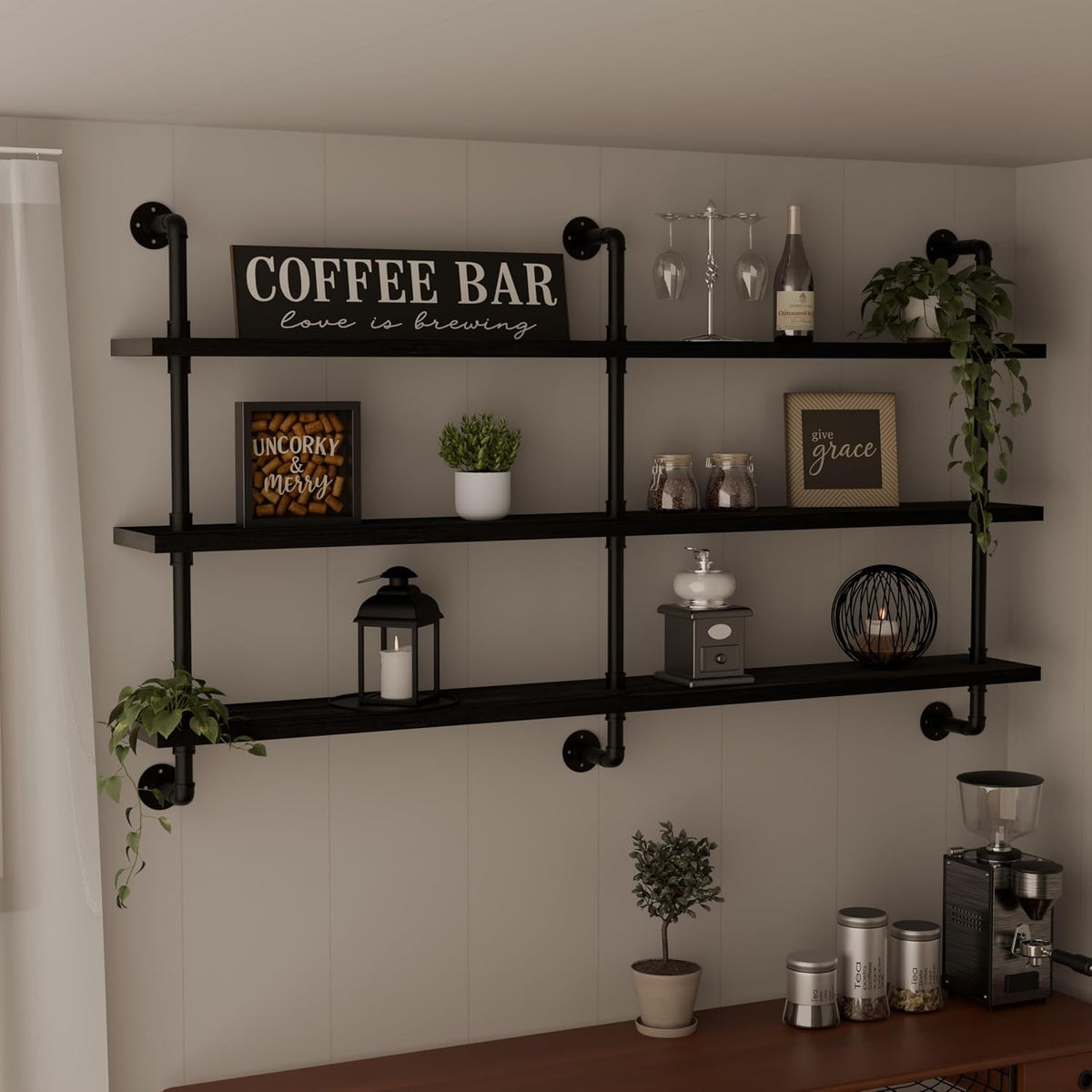 HDDFER Industrial Pipe Floating Shelves, 48 Inch Rustic Wood Wall Shelf