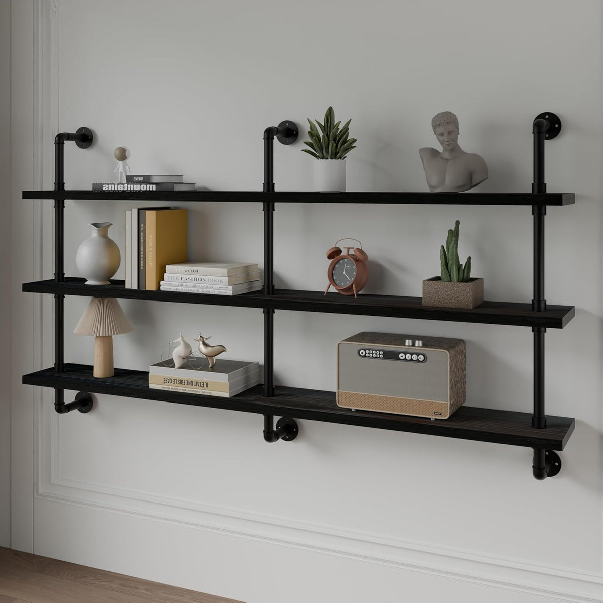 HDDFER Industrial Pipe Floating Shelves, 48 Inch Rustic Wood Wall Shelf