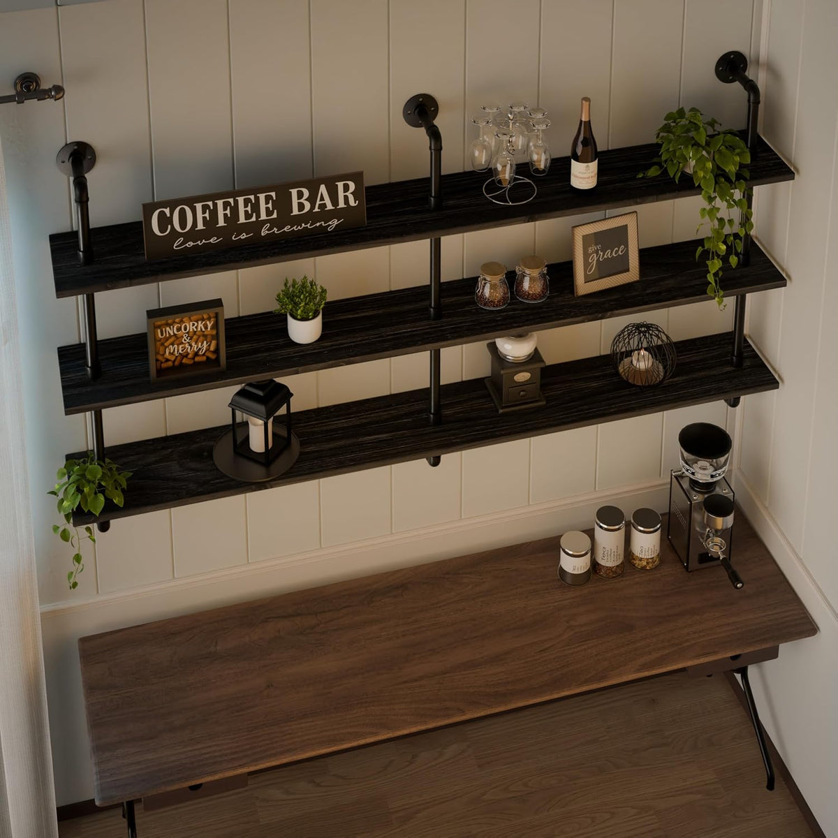 HDDFER Industrial Pipe Floating Shelves, 48 Inch Rustic Wood Wall Shelf