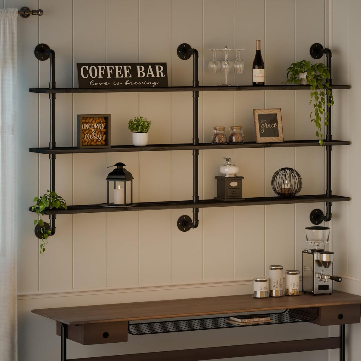 HDDFER Industrial Pipe Floating Shelves, 48 Inch Rustic Wood Wall Shelf