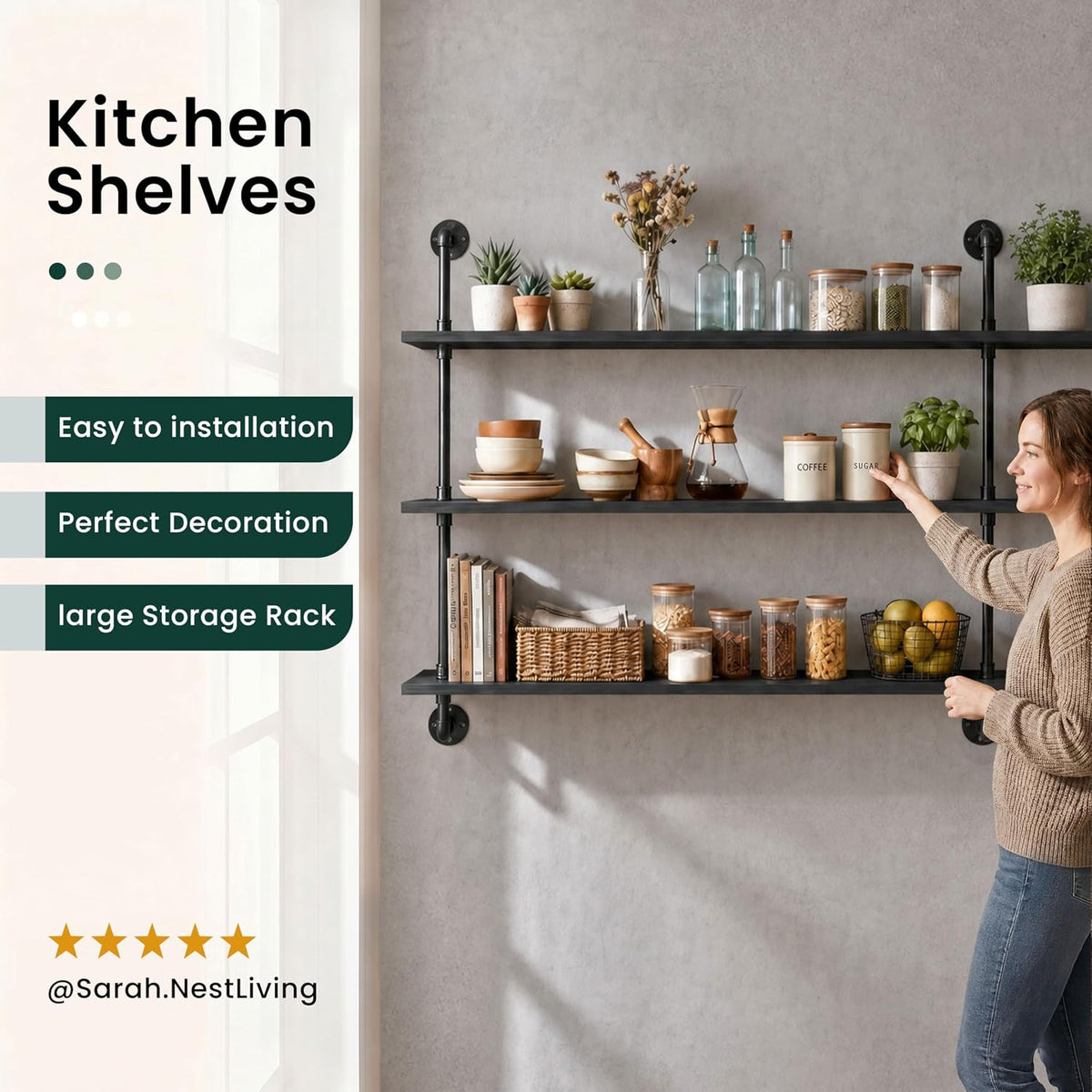 HDDFER Industrial Pipe Floating Shelves, 48 Inch Rustic Wood Wall Shelf