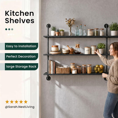 HDDFER Industrial Pipe Floating Shelves, 48 Inch Rustic Wood Wall Shelf