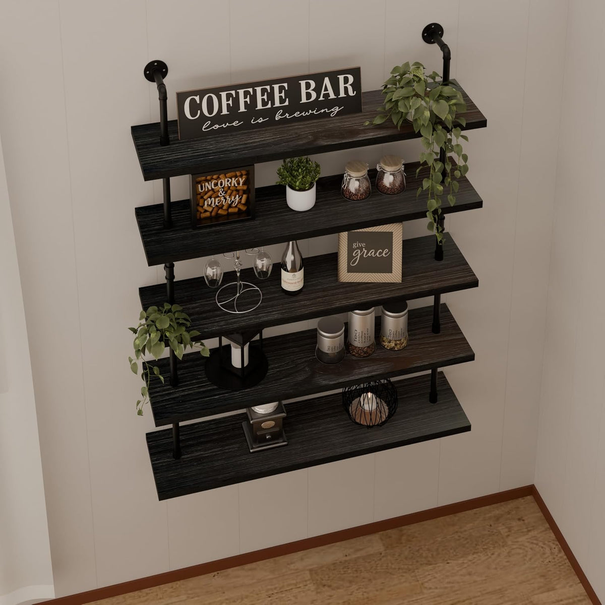 HDDFER Industrial Pipe Floating Shelves, 48 Inch Rustic Wood Wall Shelf