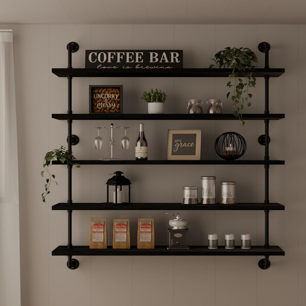 HDDFER Industrial Pipe Floating Shelves, 48 Inch Rustic Wood Wall Shelf