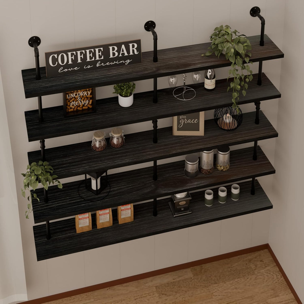 HDDFER Industrial Pipe Floating Shelves, 48 Inch Rustic Wood Wall Shelf
